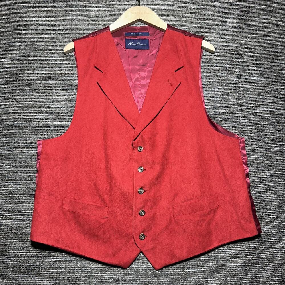 Alan Flusser Dress Vest Men's XL Red Micro Suede Rayon Sleeveless Back Belt